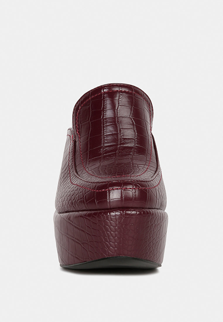 BAUHAUS Burgundy Croc Pattern Heeled Platform Mules
