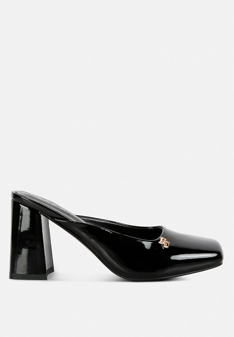 NEOPLAST Black Patent Faux Leather Block Heeled Mules