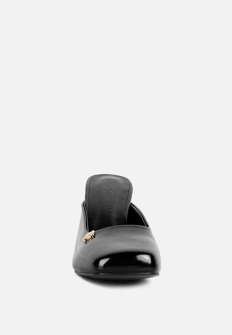 NEOPLAST Black Patent Faux Leather Block Heeled Mules