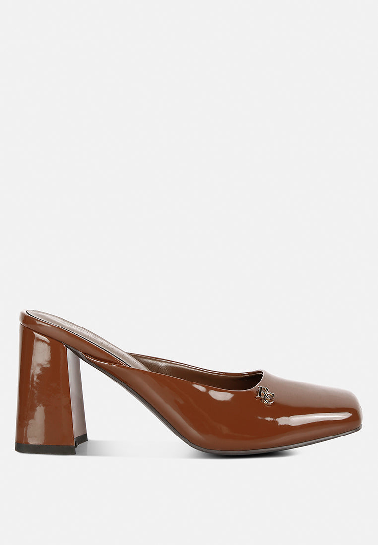NEOPLAST Brown Patent Faux Leather Block Heeled Mules