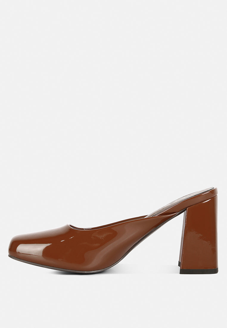 NEOPLAST Brown Patent Faux Leather Block Heeled Mules