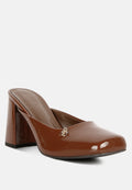 NEOPLAST Brown Patent Faux Leather Block Heeled Mules