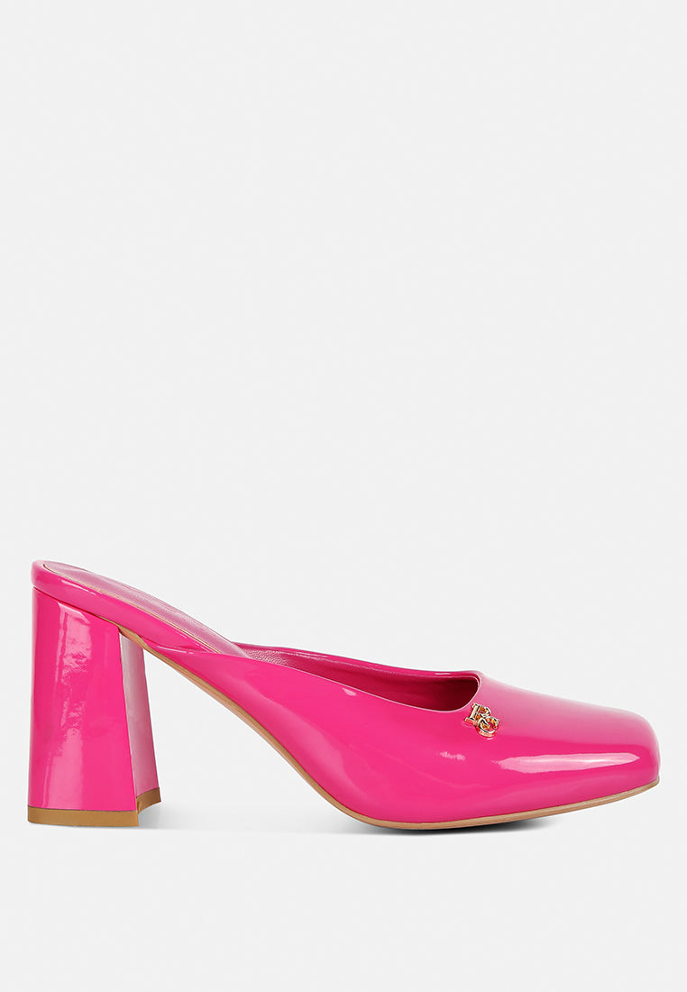 NEOPLAST Pink Patent Faux Leather Block Heeled Mules