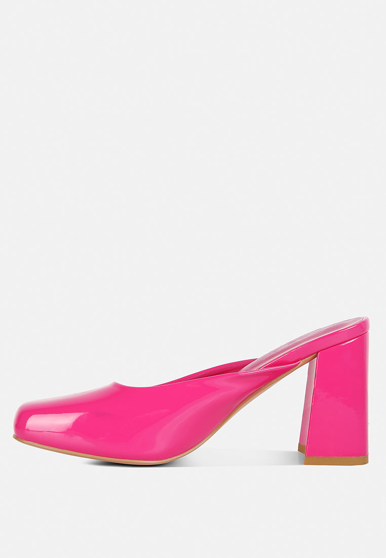 NEOPLAST Pink Patent Faux Leather Block Heeled Mules