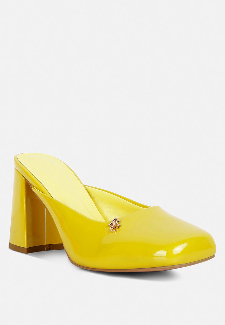 NEOPLAST Yellow Patent Faux Leather Block Heeled Mules