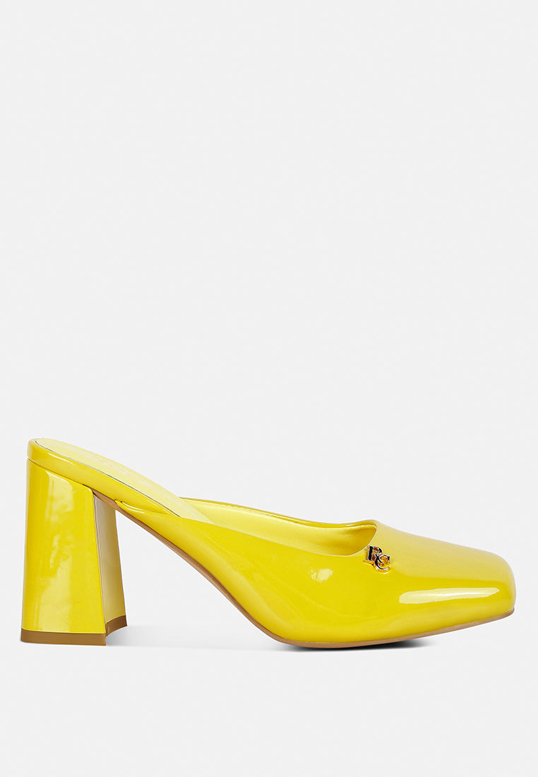NEOPLAST Yellow Patent Faux Leather Block Heeled Mules