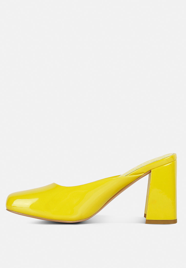 NEOPLAST Yellow Patent Faux Leather Block Heeled Mules