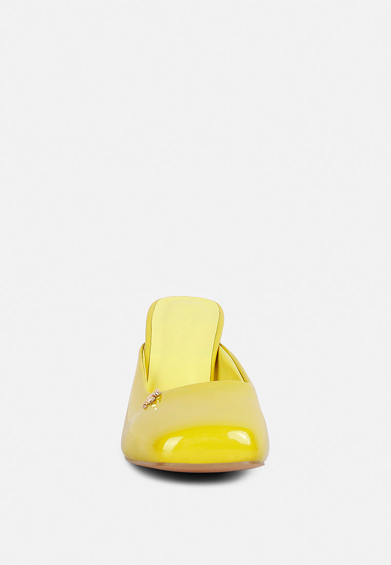 NEOPLAST Yellow Patent Faux Leather Block Heeled Mules