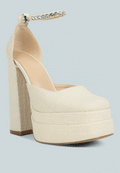 COSETTE Diamante Embellished Ankle Strap High Block Heel Sandals in Off White