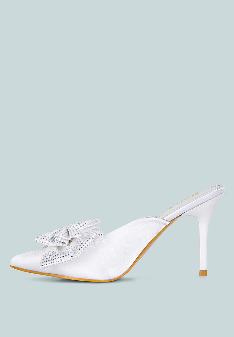 ELISDA White Embellished Bow High Heel Mules